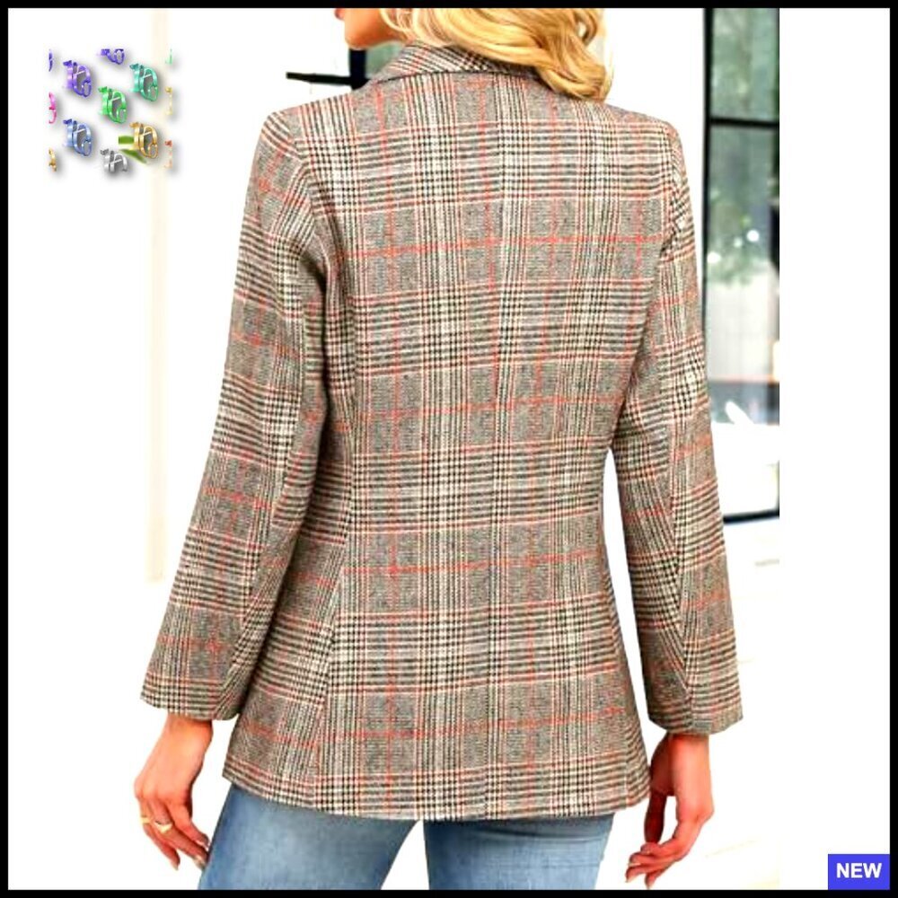 Shawl Collar Plaid Blazer Boyfriend Fit Business Casual Office Jacket - Picture 2 of 6